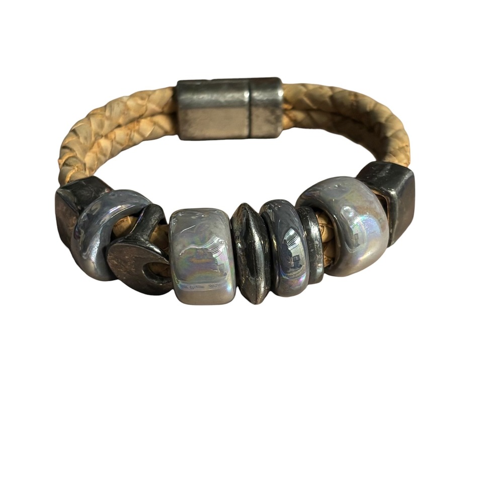 Womens‎ Braided Tan Leather Magnetic Bracelet Iridescent Ceramic Metal Beads